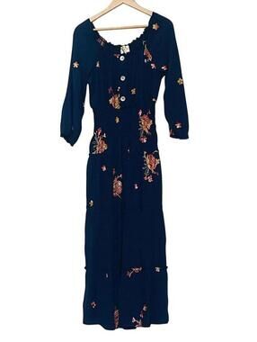 NWOT Fig Flower Navy Embroidered Long Spring Dress L Smock Waist Floral Boho